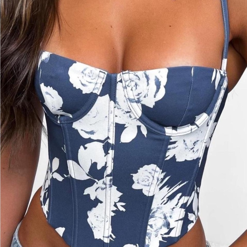 White Fox Boutique Blue and White Floral Corset Tank Top